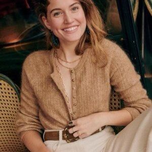 Sezane Camille Cardigan Womens Sweater Sz XS Camel French Vibes Soft Cozy Comfy